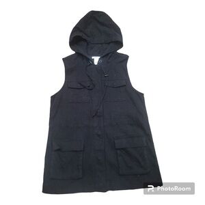 Matty M Long Black Sleeveless Button Up Hooded Vest with Pockets